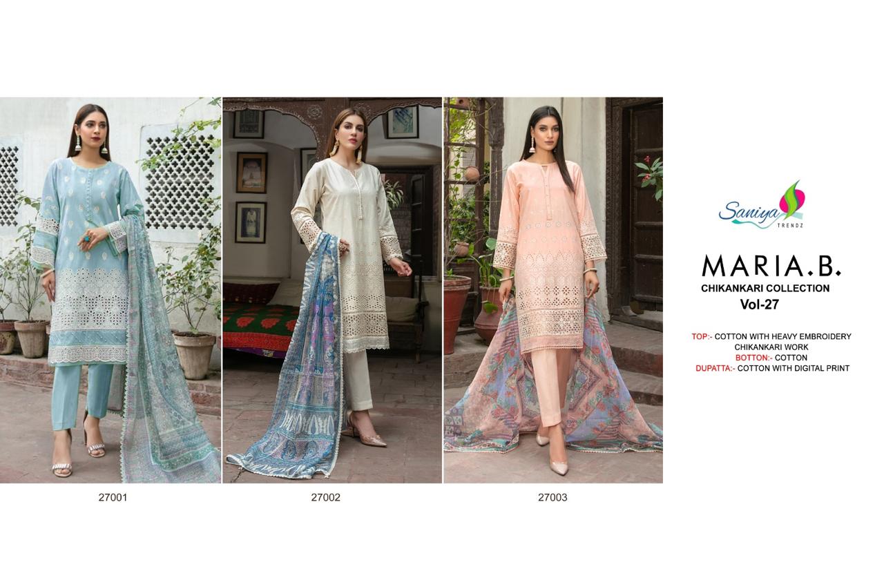 Maria B Chikankari Vol 27 By Saniya Cotton Pakistani Suits Wholesale Market In Surat